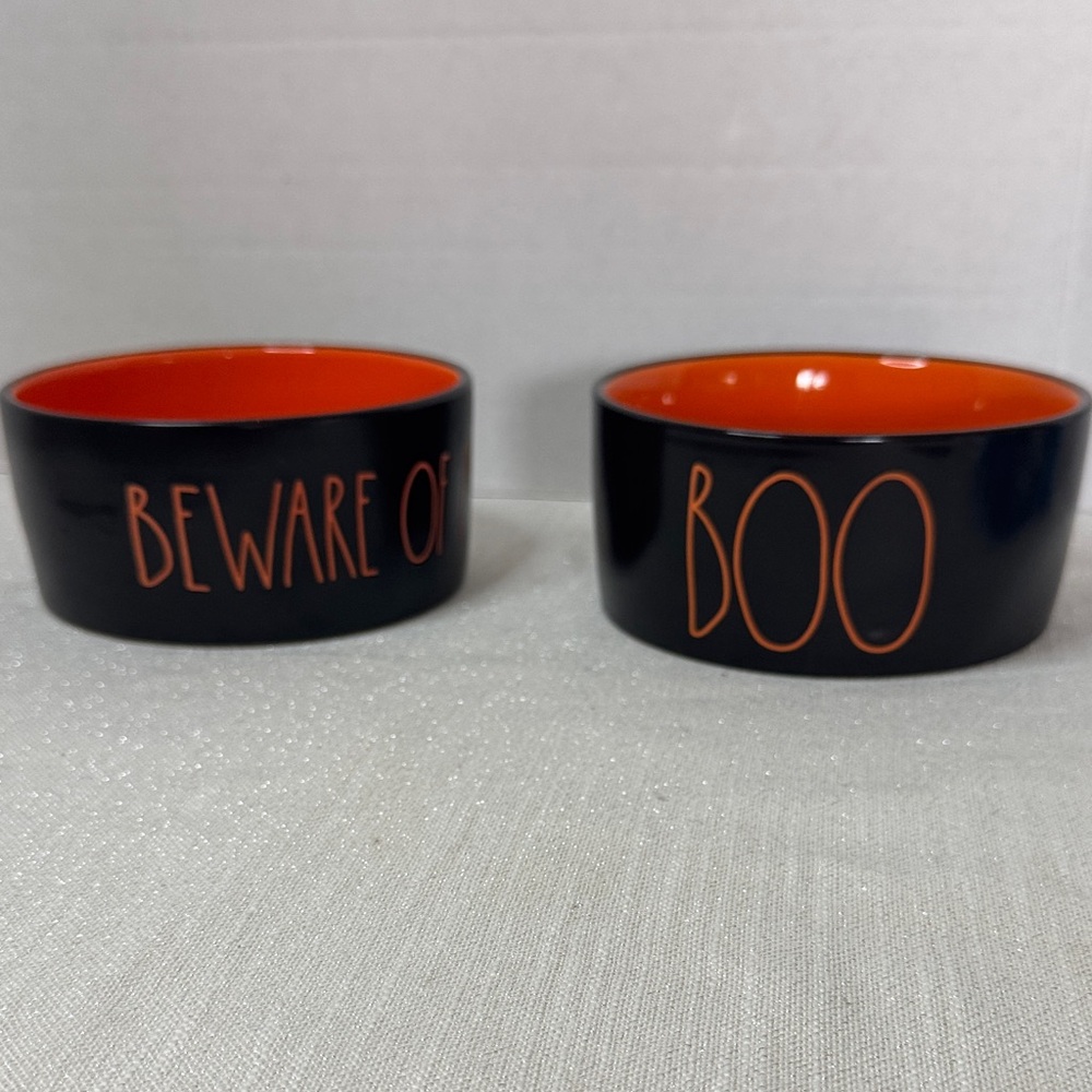 Rae Dunn BOO & BEWARE OF ME Halloween 6” pet Food Water Bowls Black Orange NWOT